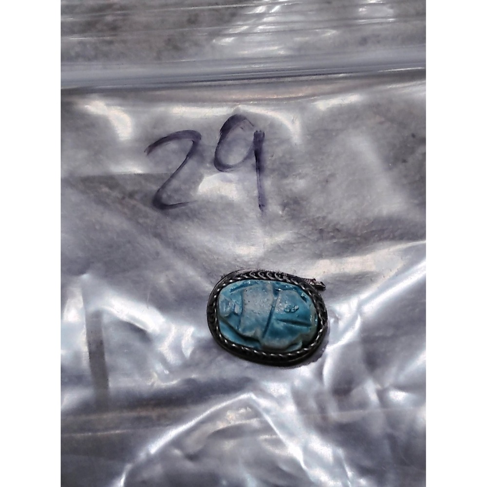 Vintage Egyptian Revival Blue Faience Scarab Charm Pendant Silver Tone 925